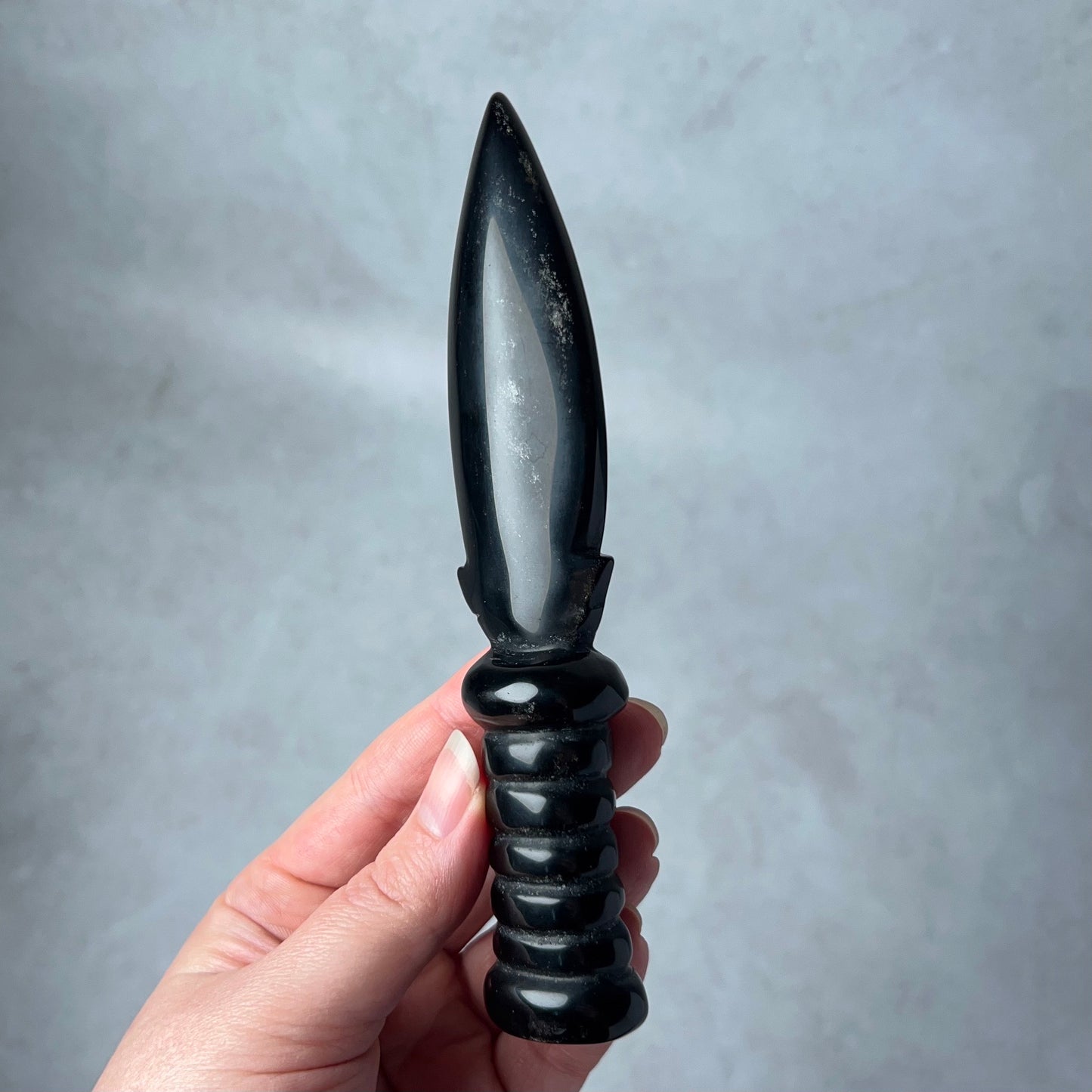 Silver Sheen Obsidian Athame | Crystal Dagger | Witches Knife