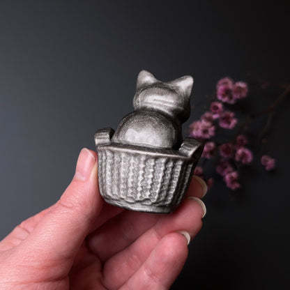 Silver Sheen Obsidian Cat | Crystal Cat Carving