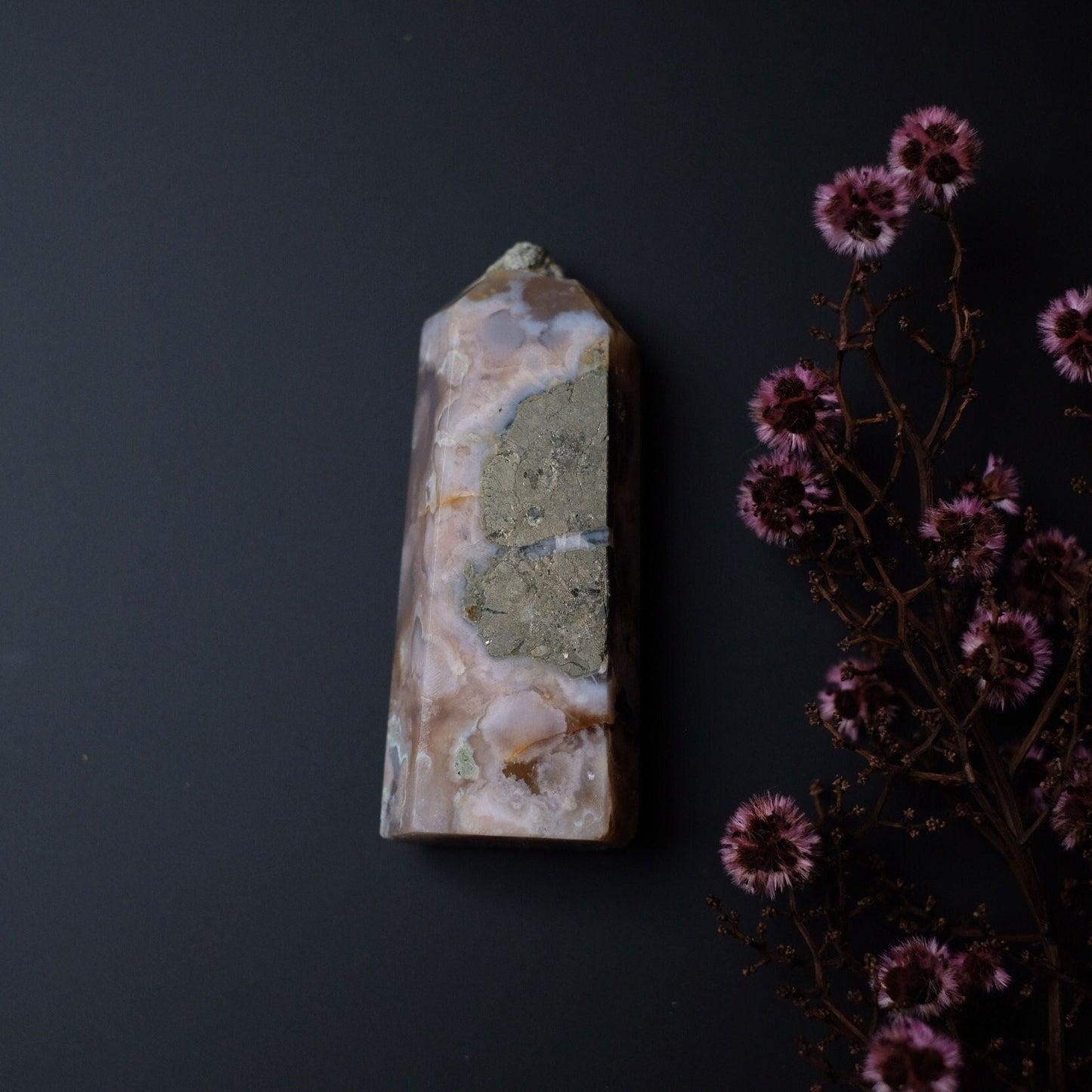 Flower Agate w. Pyrite Tower | Crystal Point