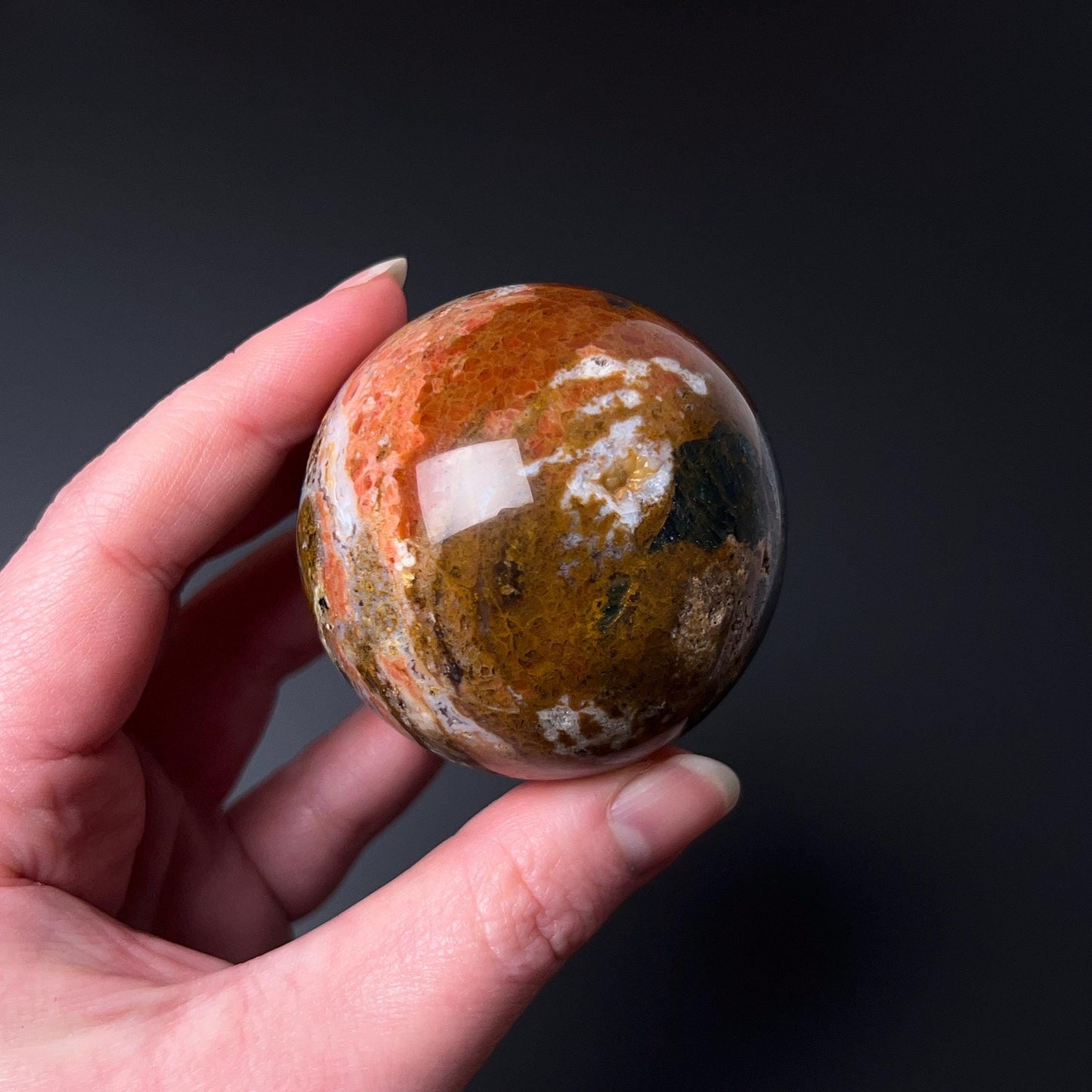 Blue Apatite in Orange Calcite Sphere | Apatite Jasper Crystal Sphere