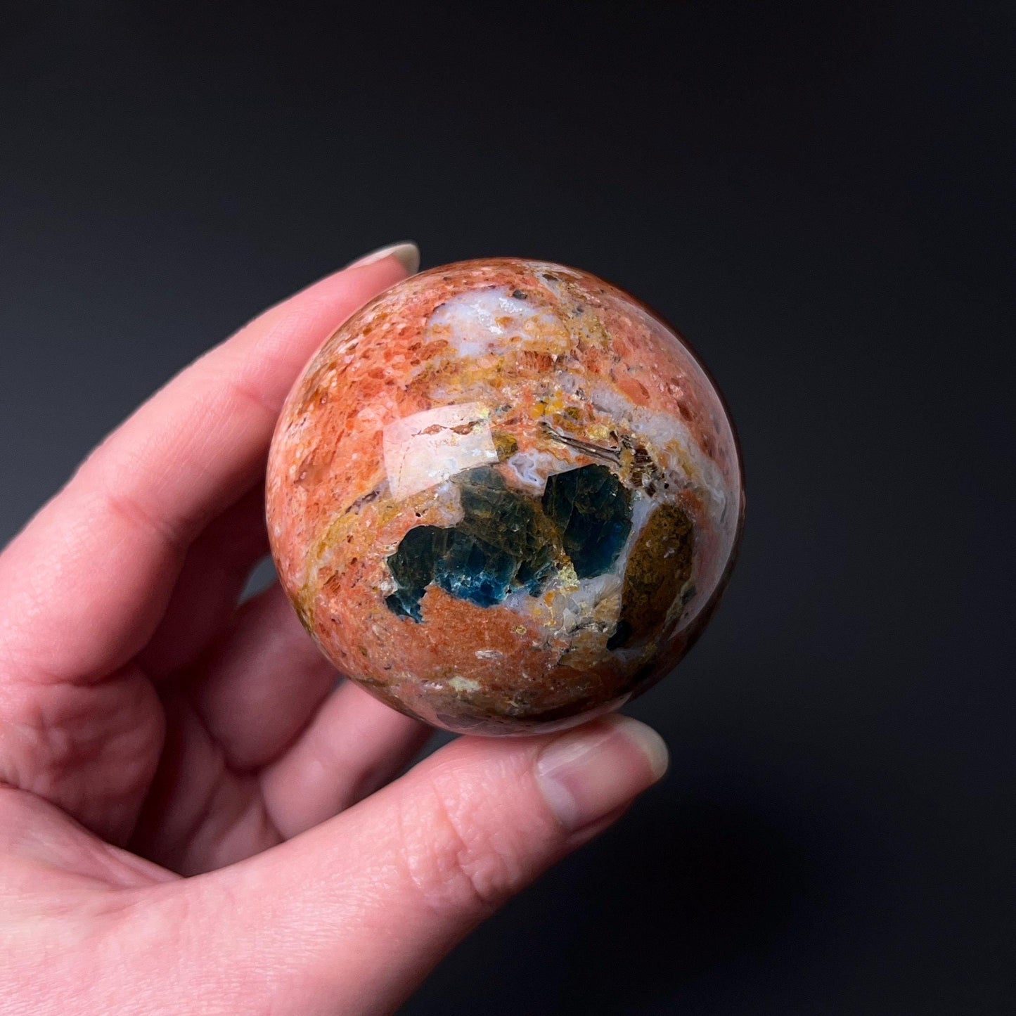 Blue Apatite in Orange Calcite Sphere | Apatite Jasper Crystal Sphere