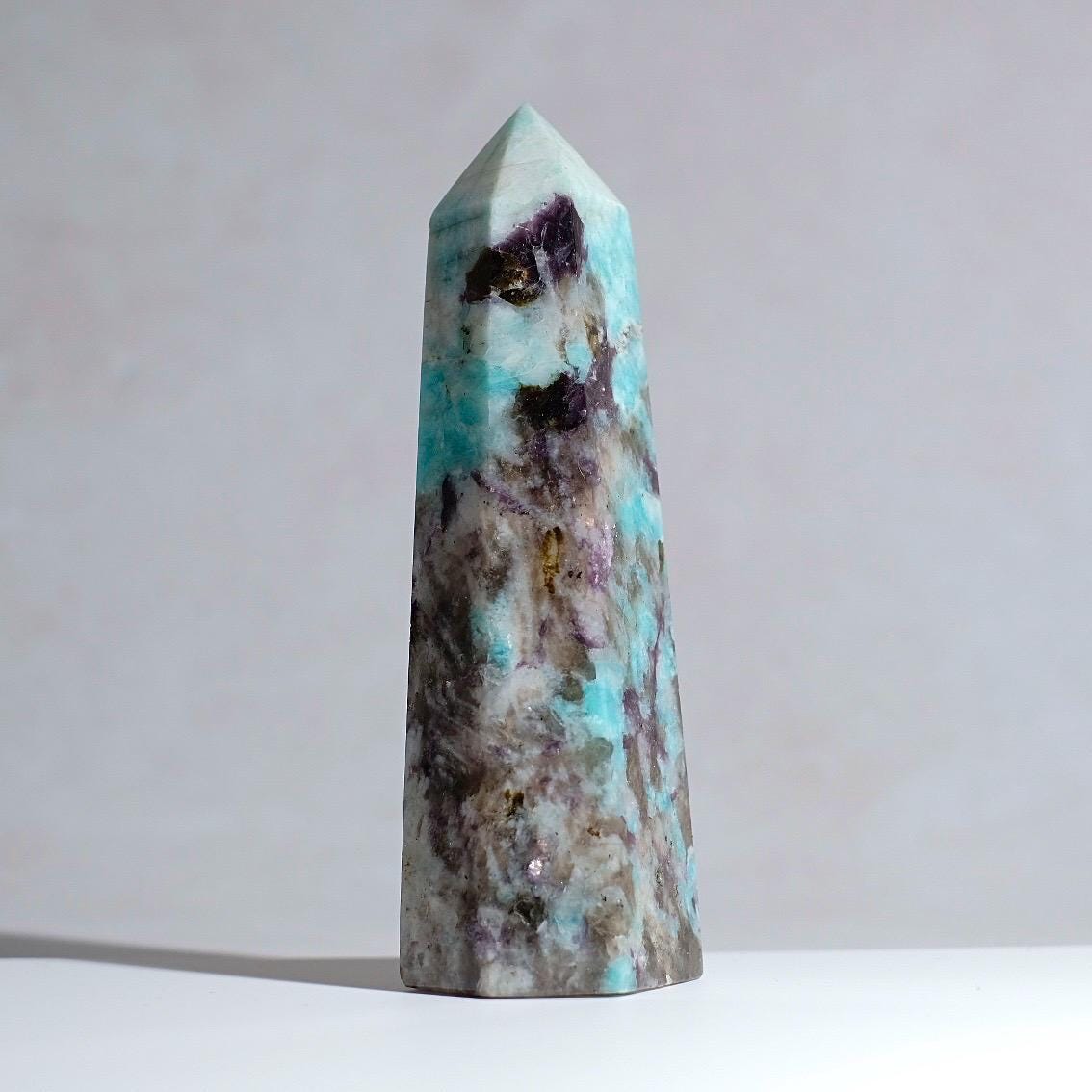 Amazonite + Lepidolite & Smokey Quartz Tower | Crystal Point