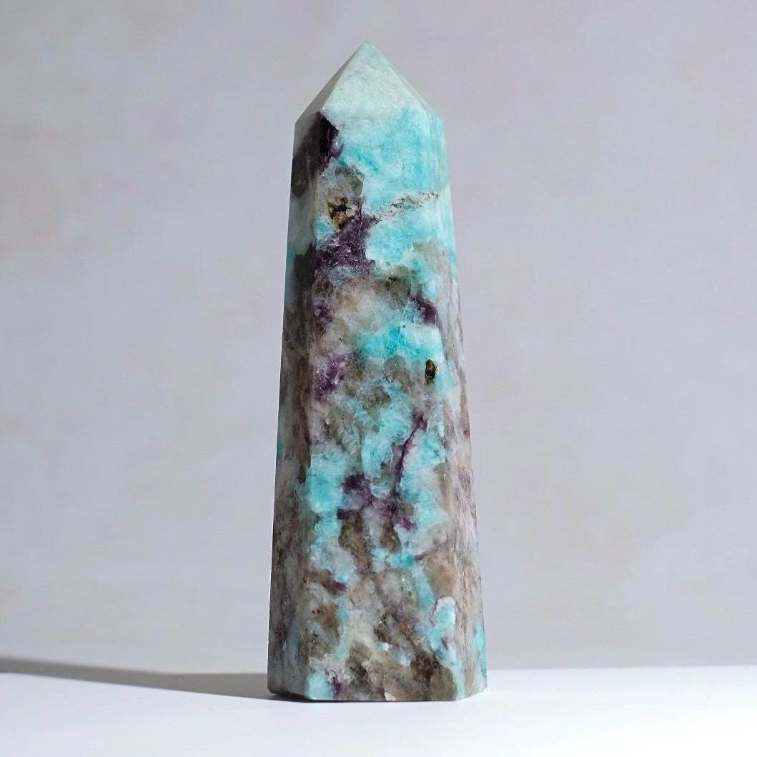 Amazonite + Lepidolite & Smokey Quartz Tower | Crystal Point