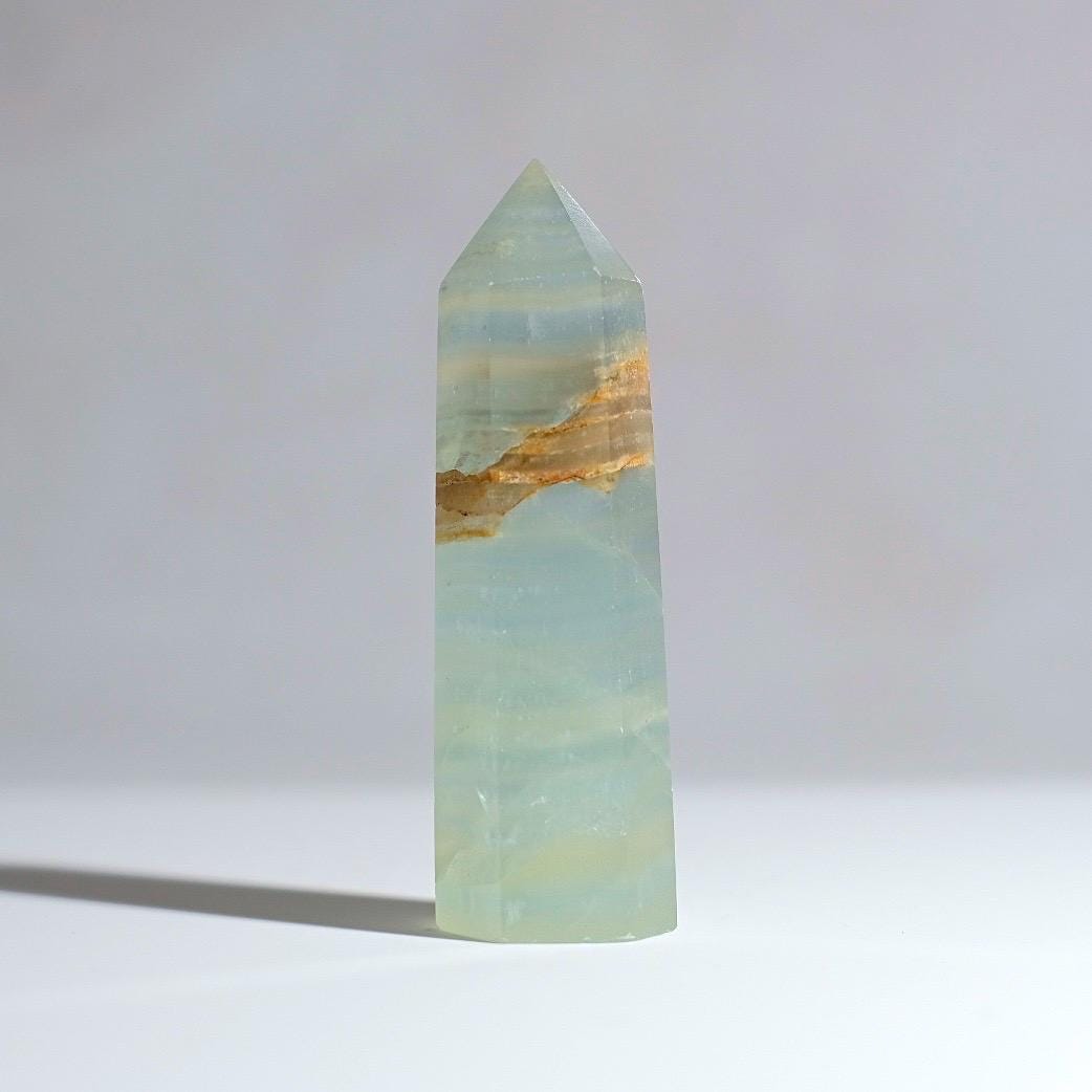 Lemurian Aquatine Calcite Point | Blue Onyx Crystal Tower