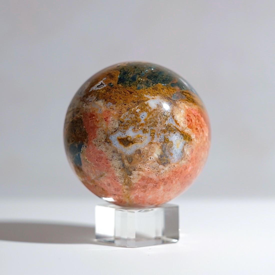 Blue Apatite in Orange Calcite Sphere | Apatite Jasper Crystal Sphere