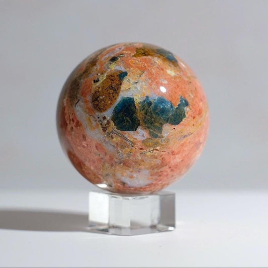 Blue Apatite in Orange Calcite Sphere | Apatite Jasper Crystal Sphere