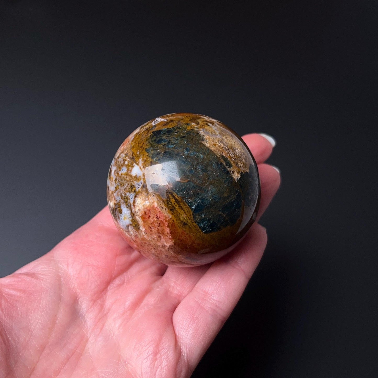 Blue Apatite in Orange Calcite Sphere | Apatite Jasper Crystal Sphere