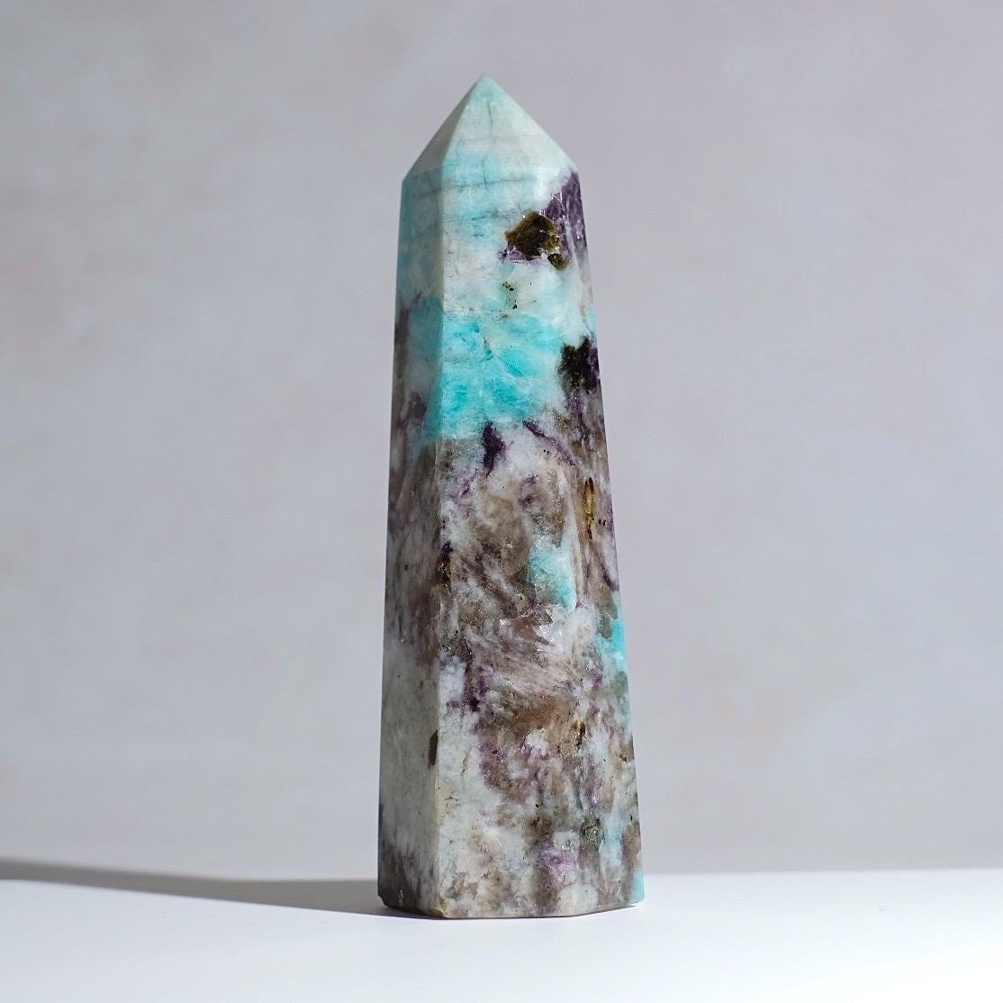 Amazonite + Lepidolite & Smokey Quartz Tower | Crystal Point