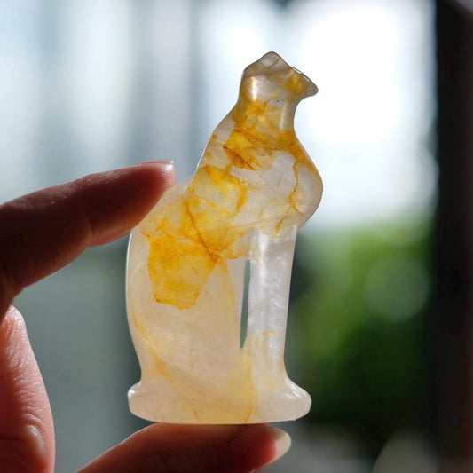 Golden Healer Quartz Cat Carving | Egyptian Crystal Cat Figure