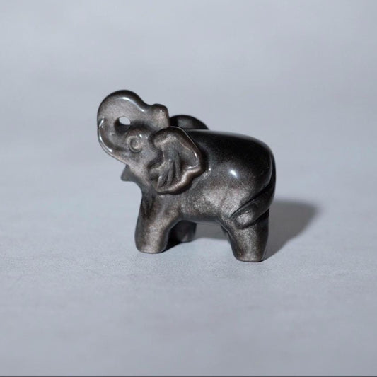 Silver Sheen Obsidian Elephant Carving | Crystal Animal Carving