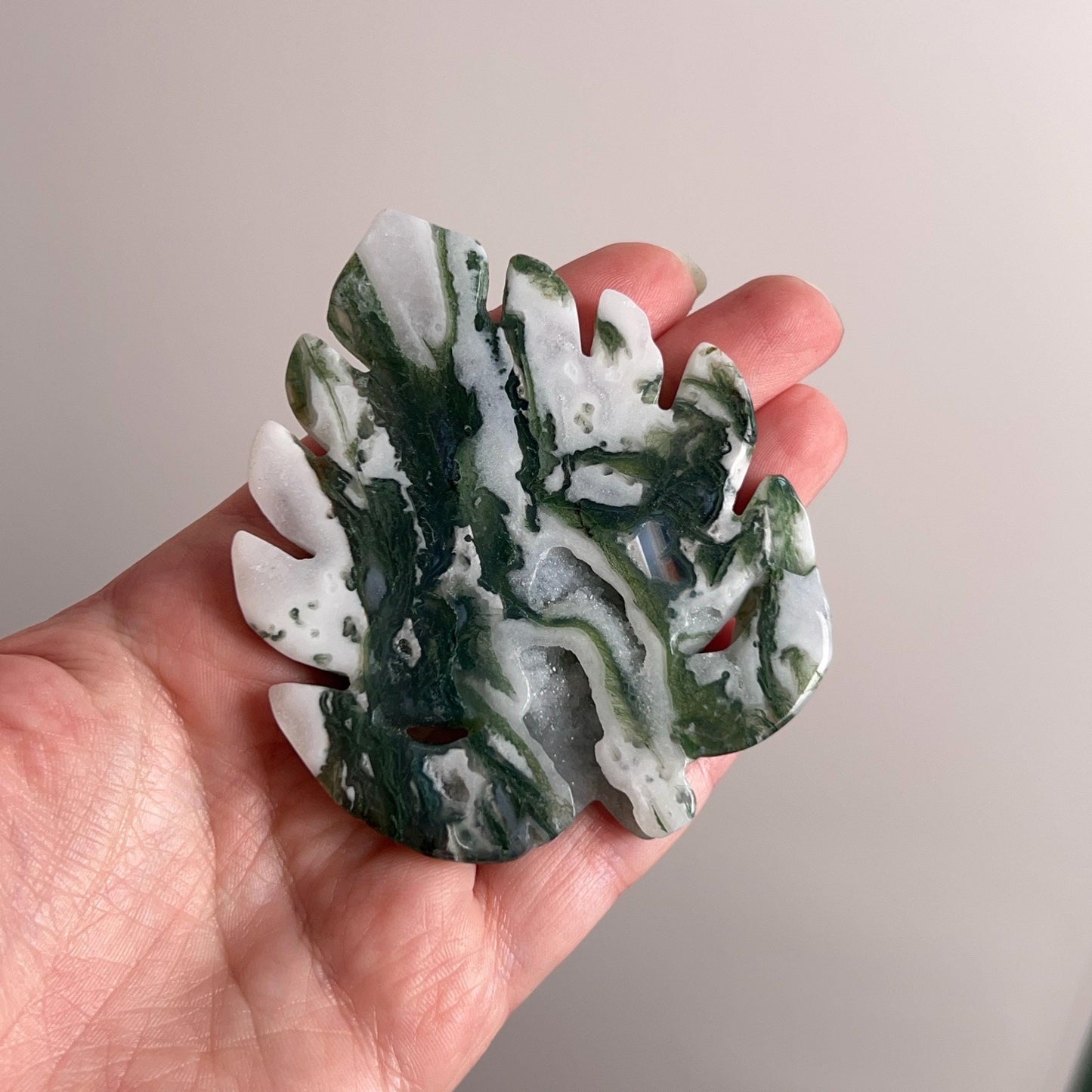 Moss Agate Monstera Leaf | Crystal Leaf Carving