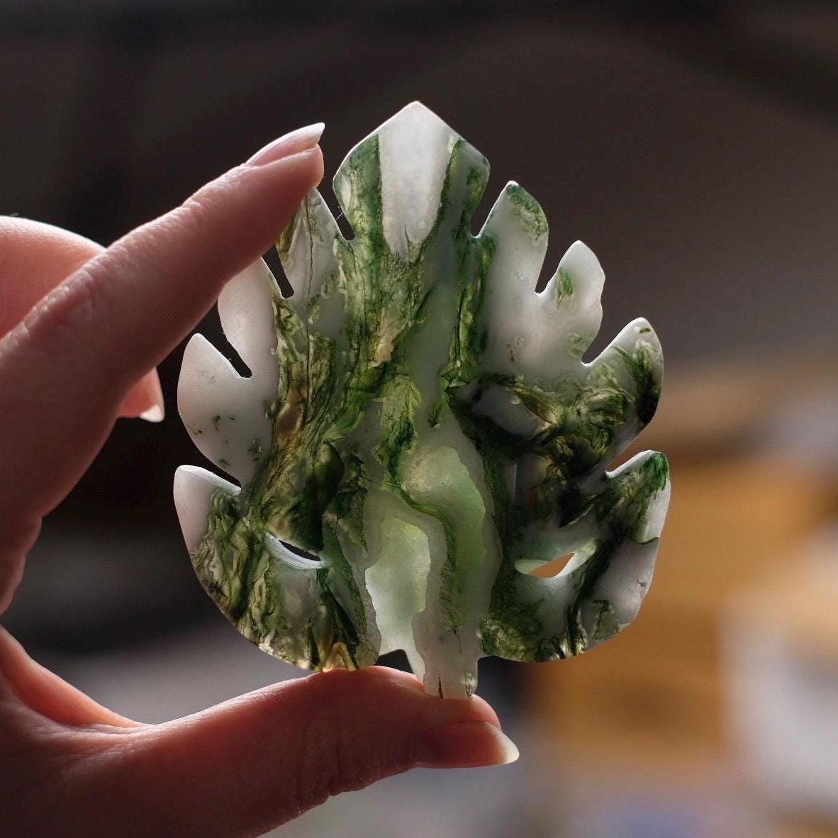 Moss Agate Monstera Leaf | Crystal Leaf Carving