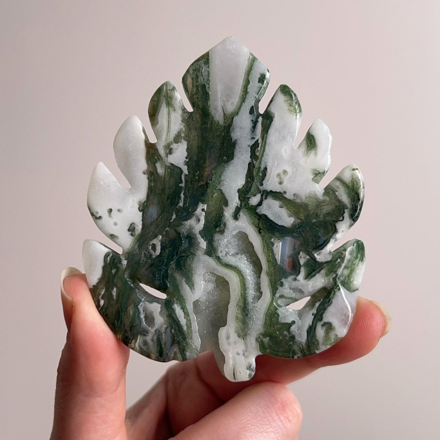 Moss Agate Monstera Leaf | Crystal Leaf Carving