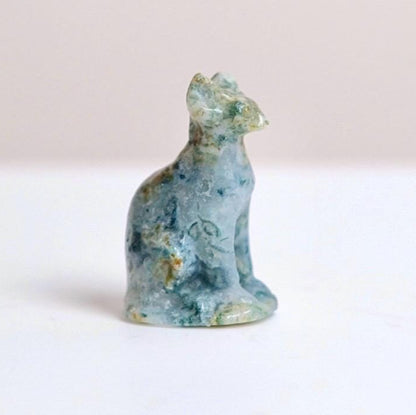 Moss Agate Cat Carving | Crystal Sphynx Cat Figure