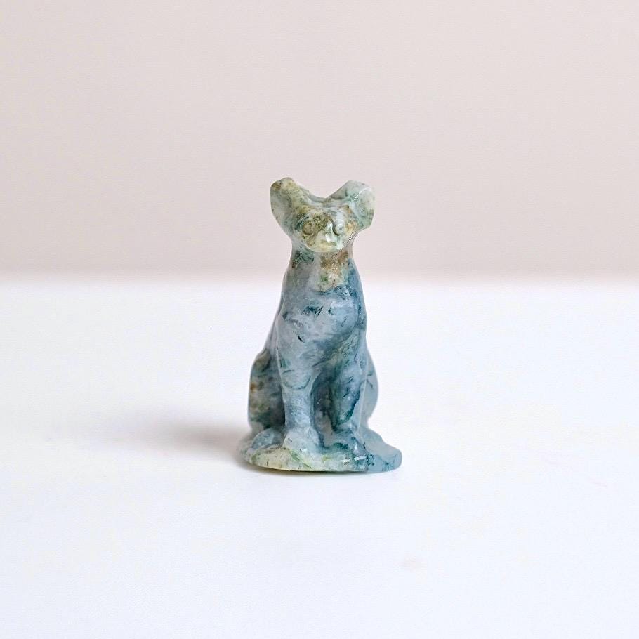 Moss Agate Cat Carving | Crystal Sphynx Cat Figure