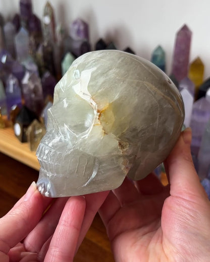 Green Quartz & Flower Agate Crystal Skull | Stone Skull Carving