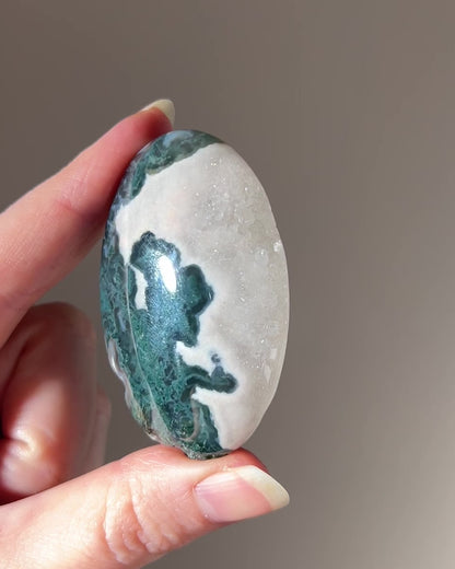 Druzy Moss Agate Palm Stone | Moss Agate Crystal Palmstone