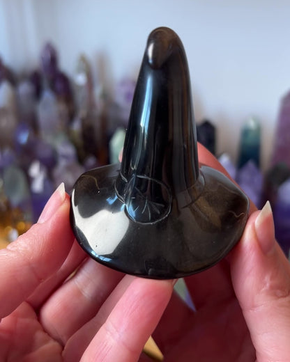 Silver Sheen Obsidian Witch Hat Crystal Carving | Halloween Crystal