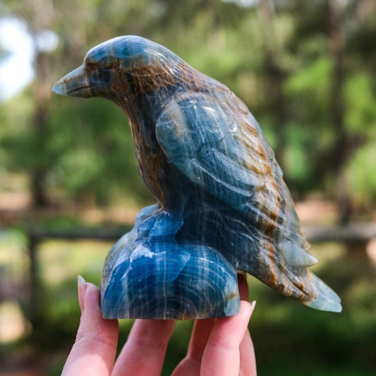 Lemurian Aquatine Calcite Raven Carving