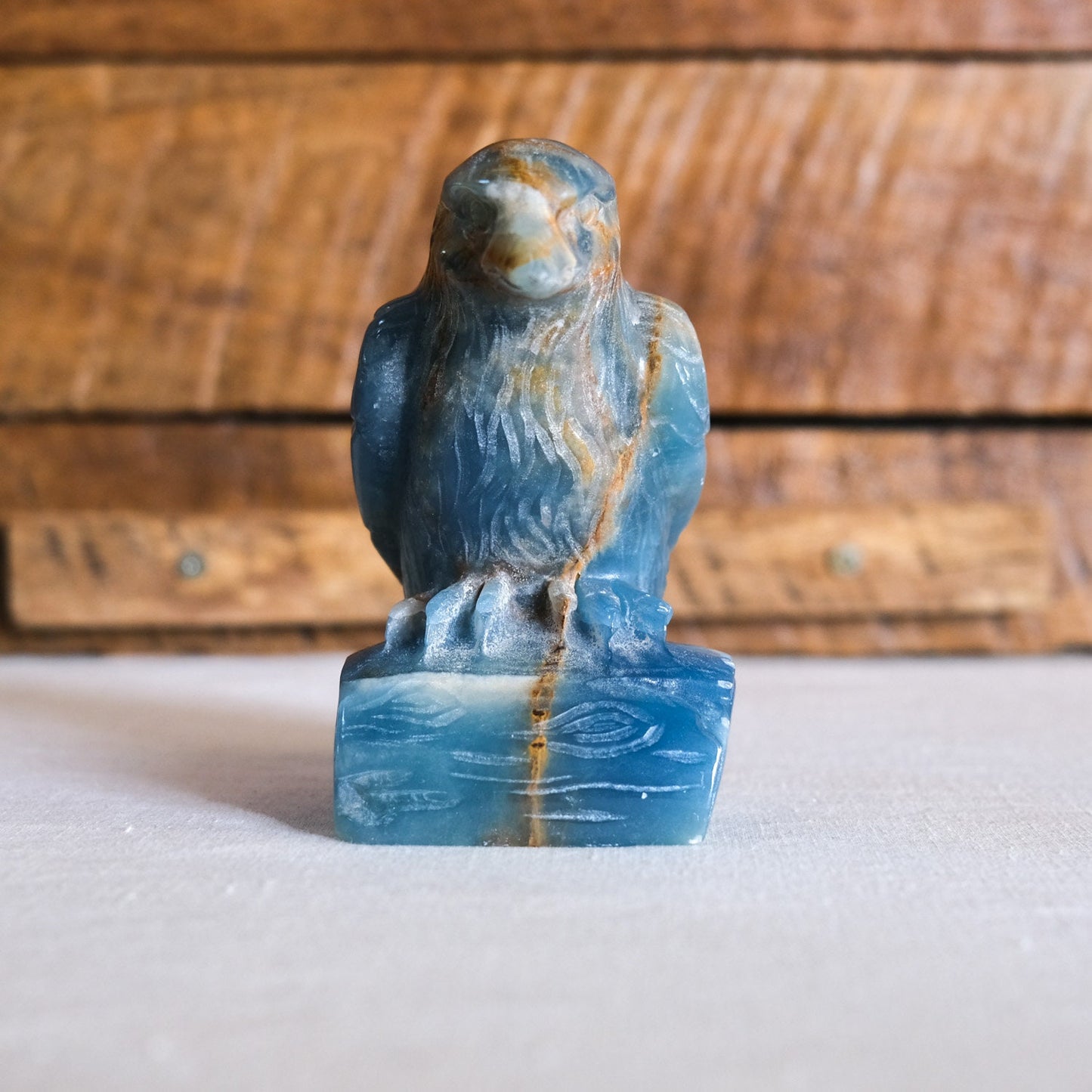 Lemurian Aquatine Calcite Raven Carving