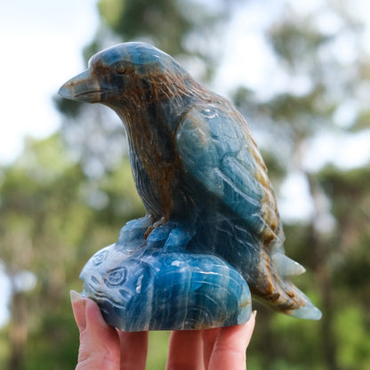 Lemurian Aquatine Calcite Raven Carving